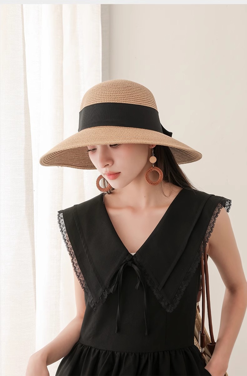 2025New Straw Sun Hat Wide Brim Beach Hat with Black Bow